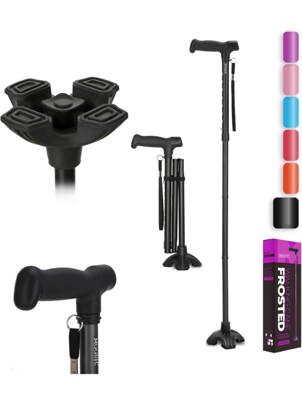 Tall Men's Adjustable Walking Cane - Foldable, Free Standing, Stable Base, 300